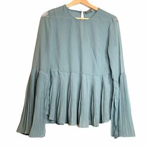 ASOS Pleated Blouse Turquoise Blue / Green Top Peplum Hem Semi Sheer Flared Sz 2